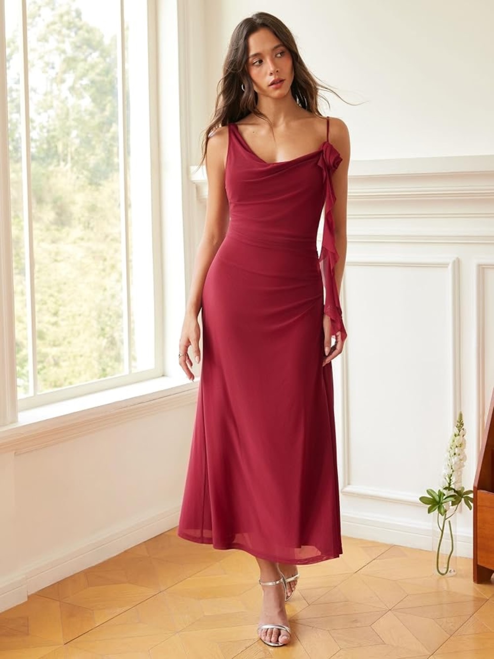 Cider Wine Red Asymmetric Cowl Long Dress